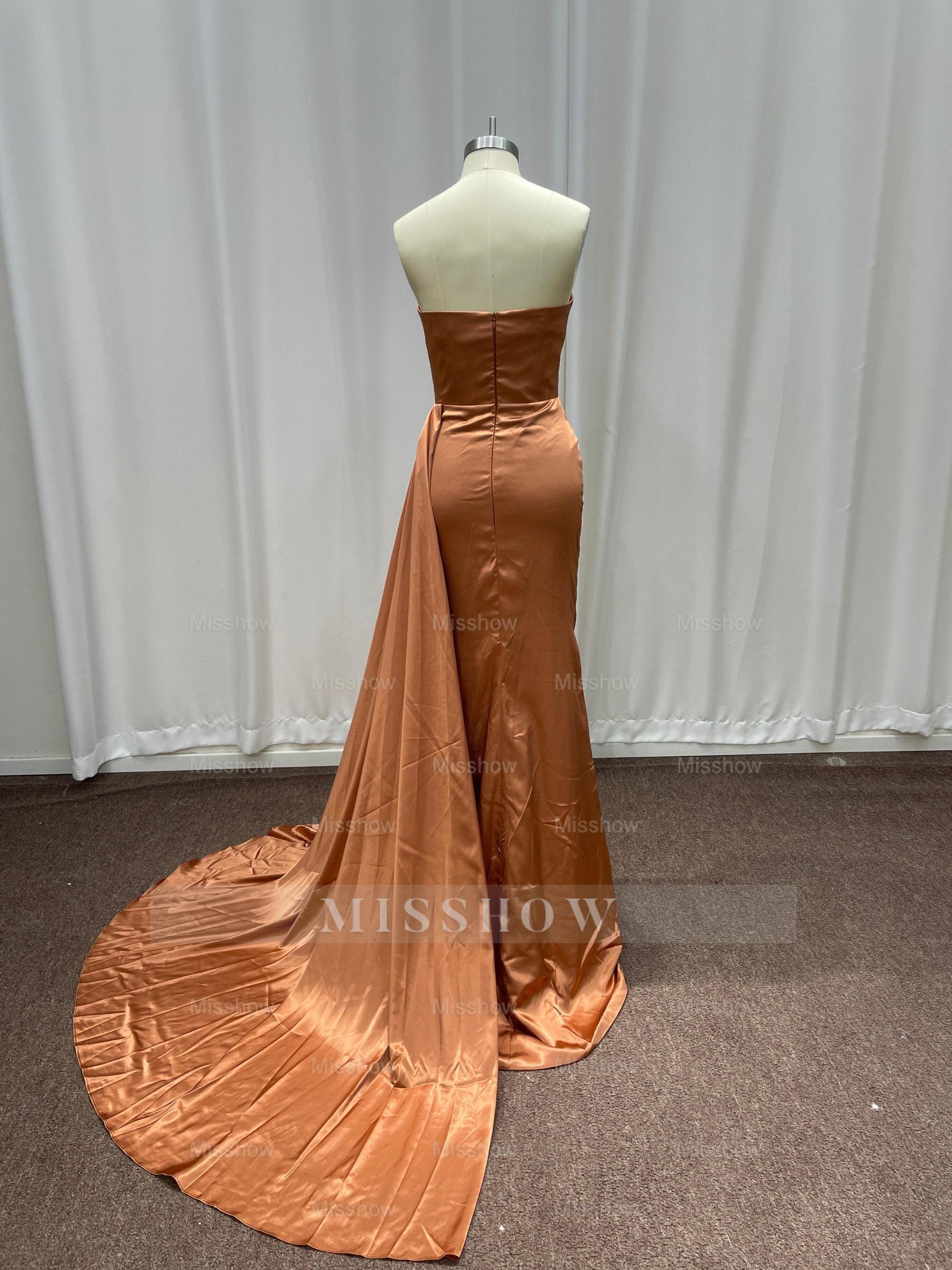 Simple Bronze Asymmetric Sleeveless Column Stretch Satin Formal Dress with Panel Train