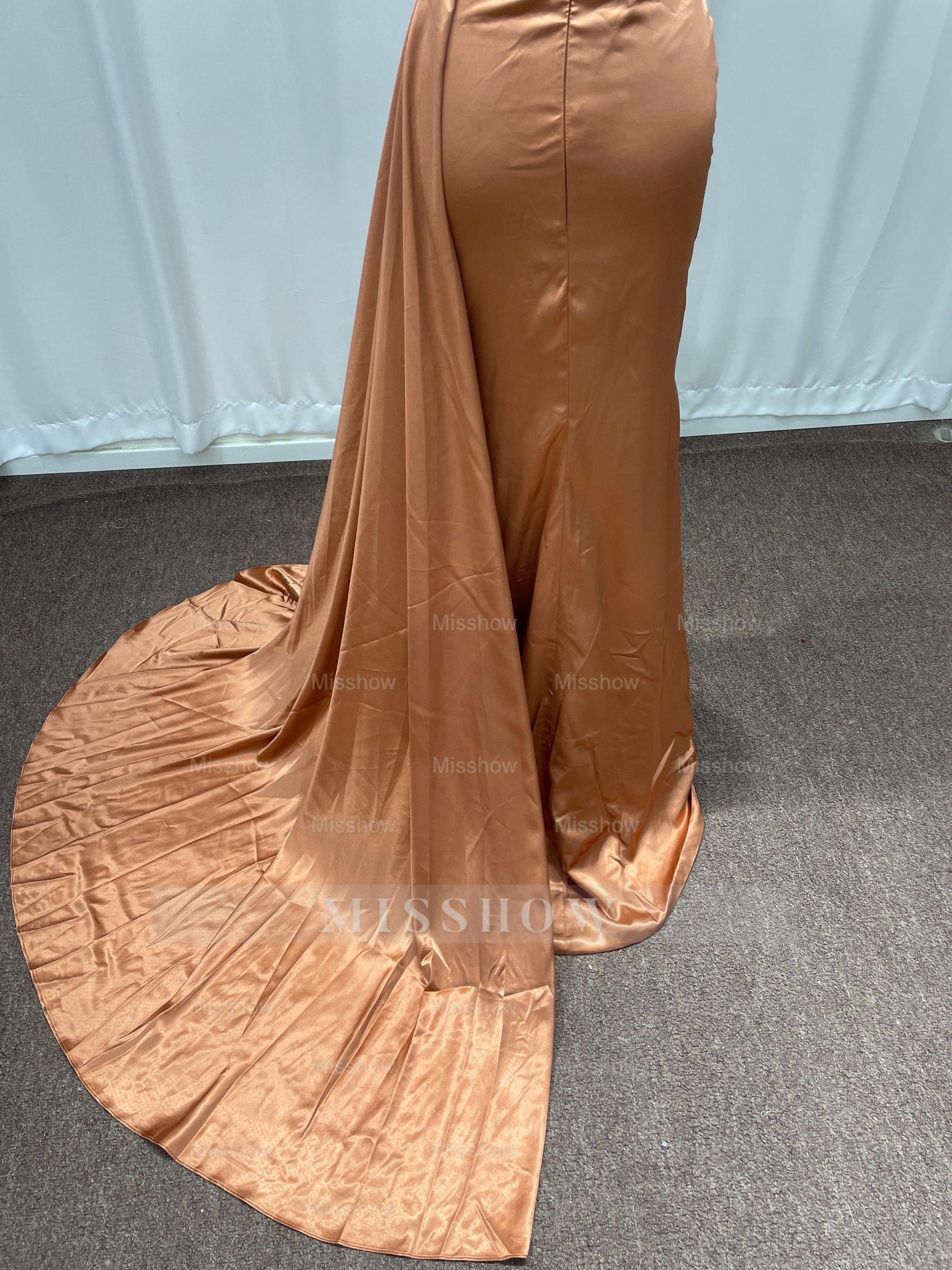 Simple Bronze Asymmetric Sleeveless Column Stretch Satin Formal Dress with Panel Train