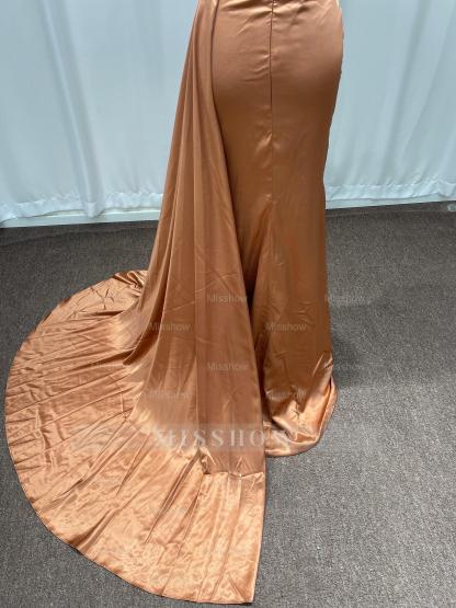 Simple Bronze Asymmetric Sleeveless Column Stretch Satin Formal Dress with Panel Train
