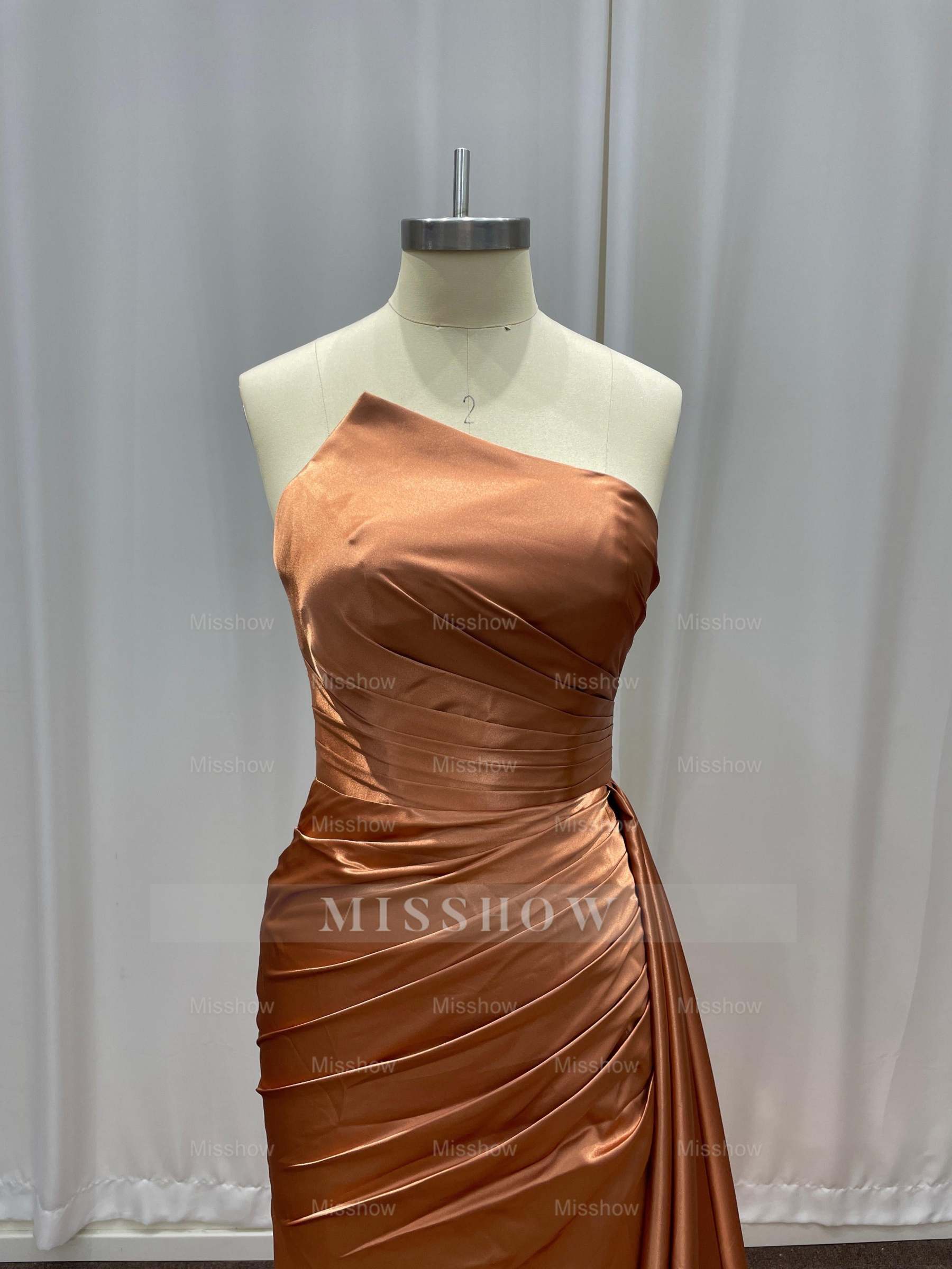 Simple Bronze Asymmetric Sleeveless Column Stretch Satin Formal Dress with Panel Train