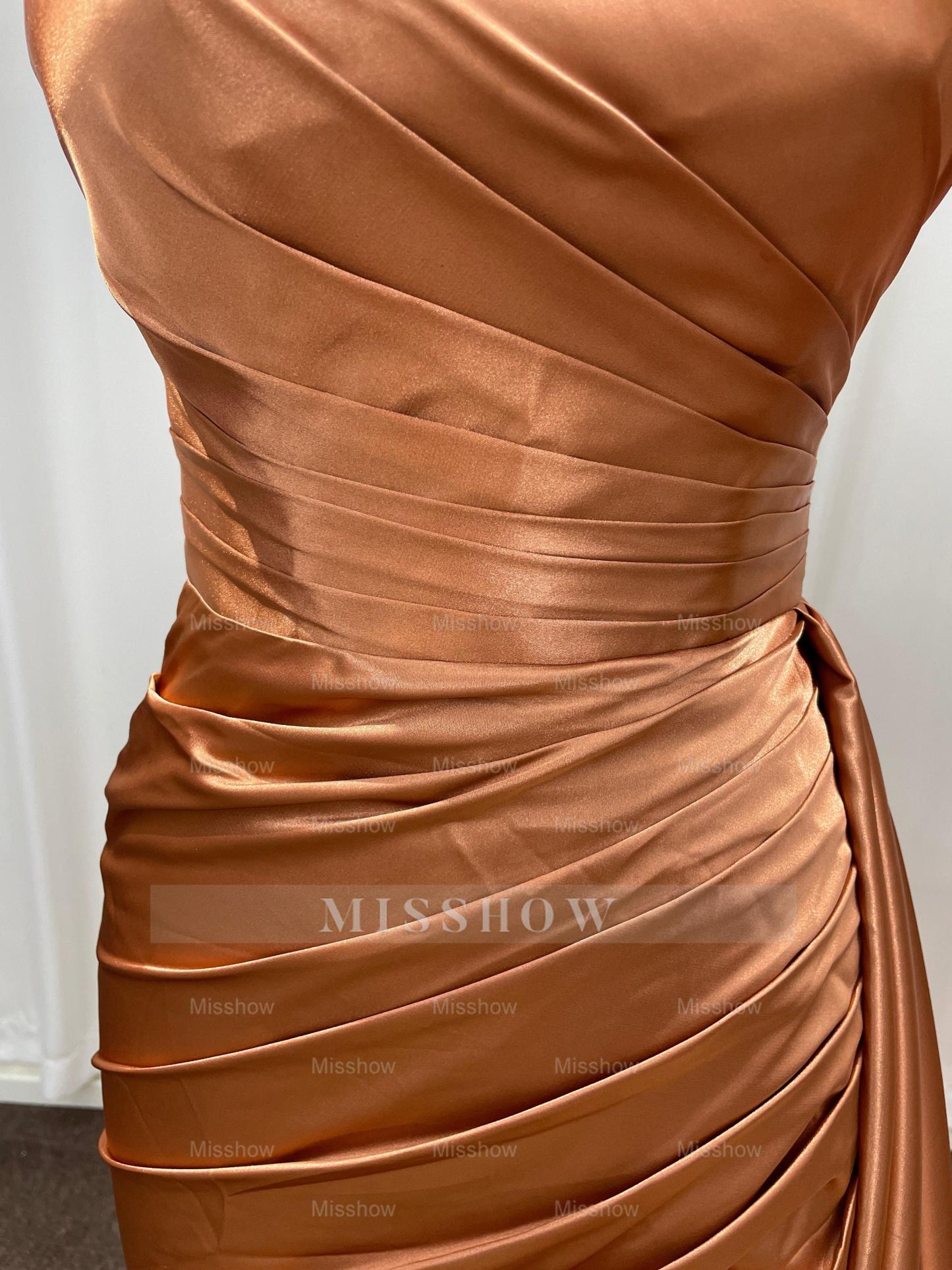 Simple Bronze Asymmetric Sleeveless Column Stretch Satin Formal Dress with Panel Train