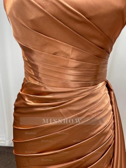 Simple Bronze Asymmetric Sleeveless Column Stretch Satin Formal Dress with Panel Train