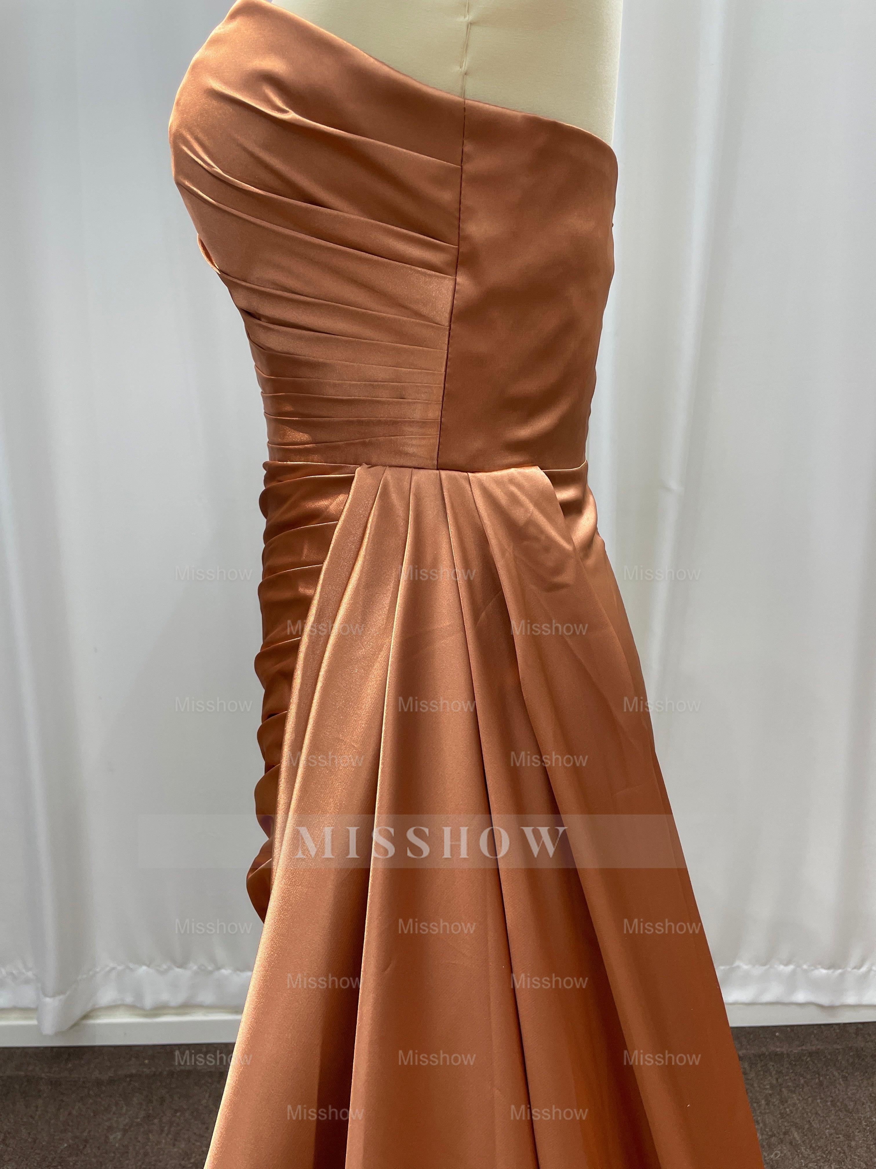 Simple Bronze Asymmetric Sleeveless Column Stretch Satin Formal Dress with Panel Train