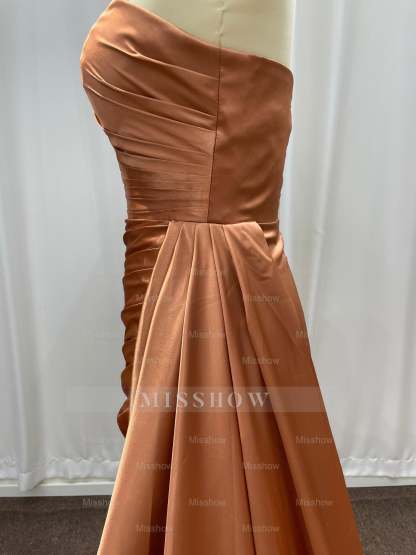 Simple Bronze Asymmetric Sleeveless Column Stretch Satin Formal Dress with Panel Train