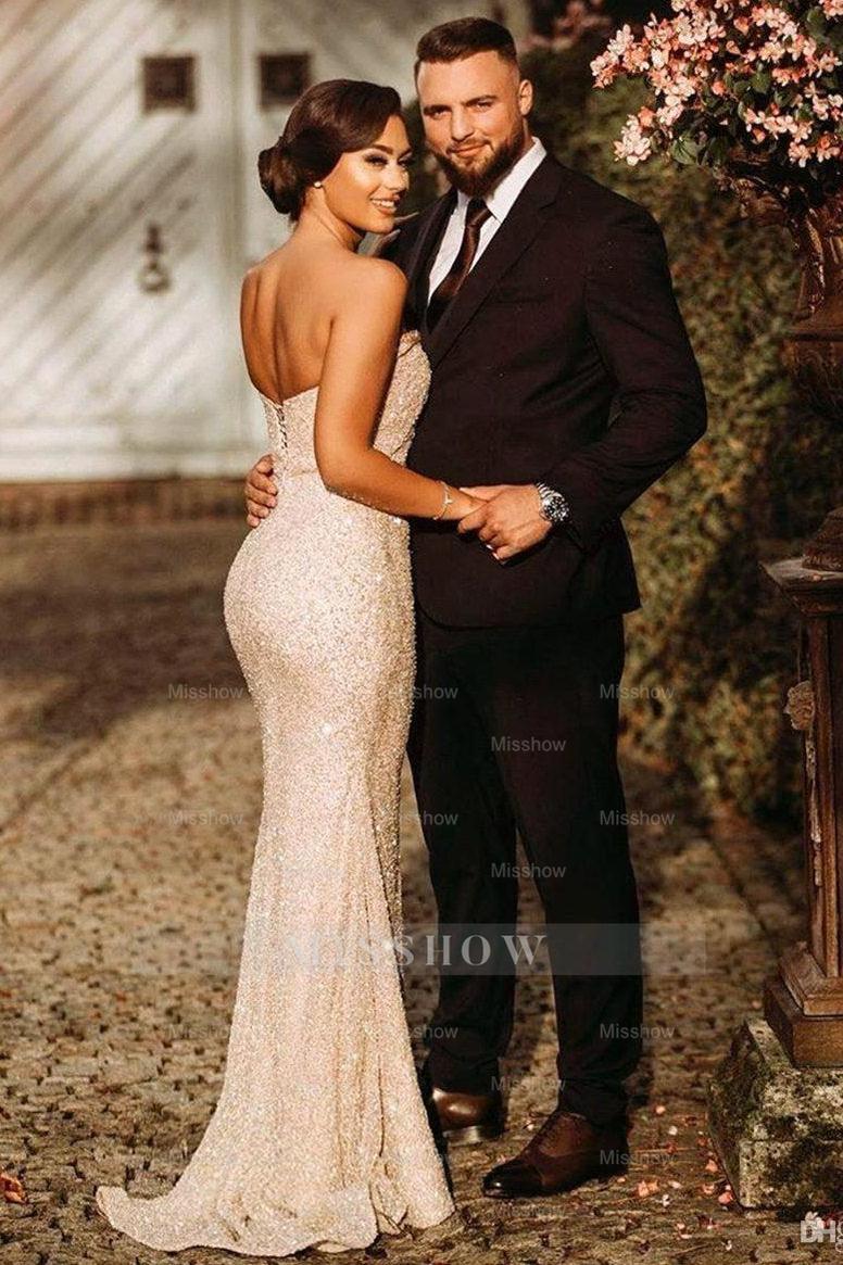Simple Champagne Strapless Sequins Column Prom Evening Dresses with Slit