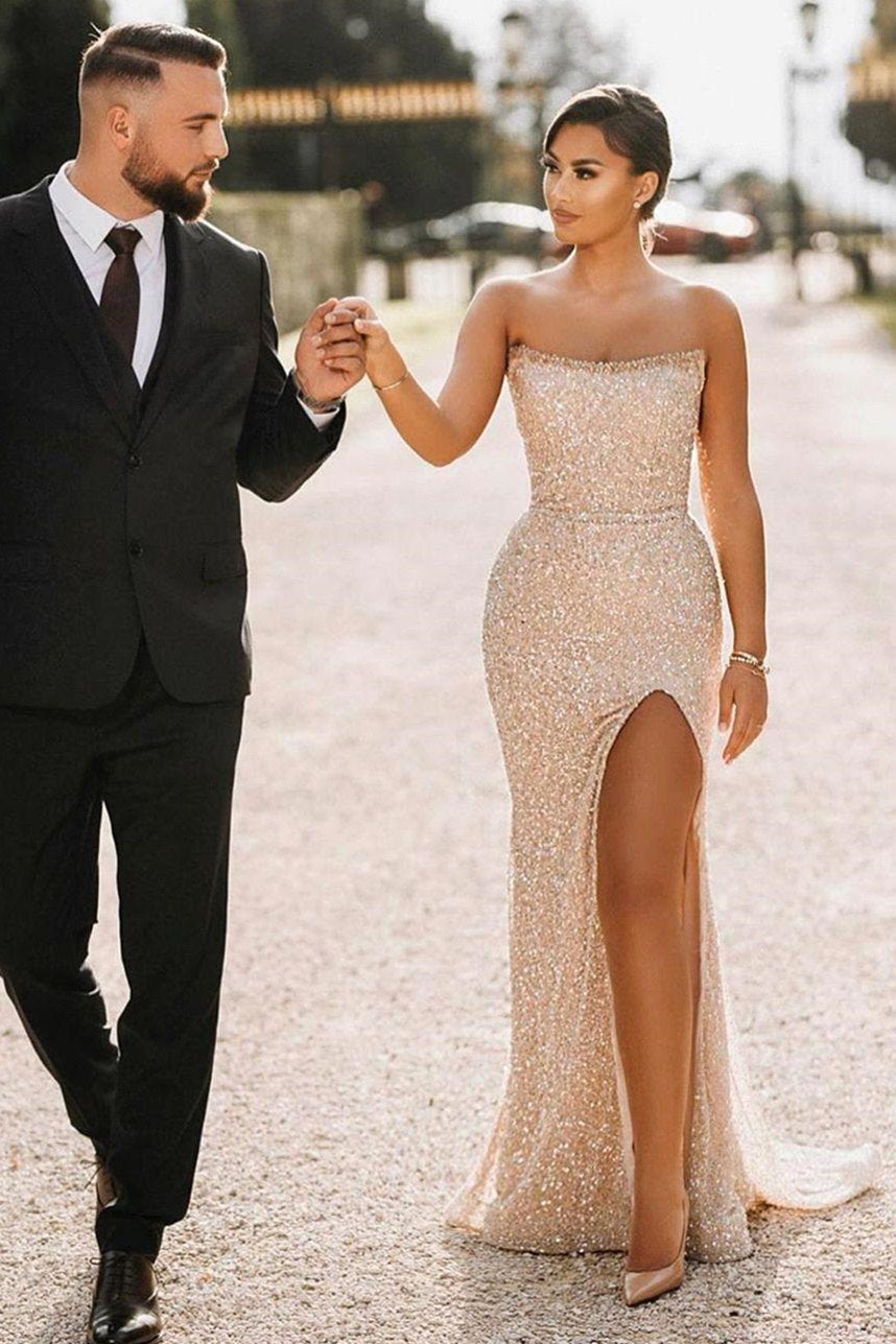 Simple Champagne Strapless Sequins Column Prom Evening Dresses with Slit