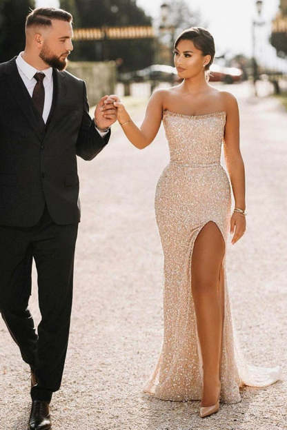 Simple Champagne Strapless Sequins Column Prom Evening Dresses with Slit