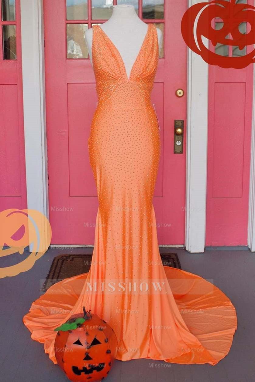 Simple Deep V-Neck Sleeveless Backless Long Mermaid Formal Dress with Appliques