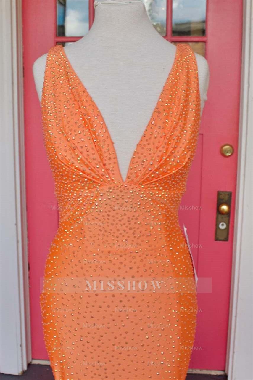 Simple Deep V-Neck Sleeveless Backless Long Mermaid Formal Dress with Appliques