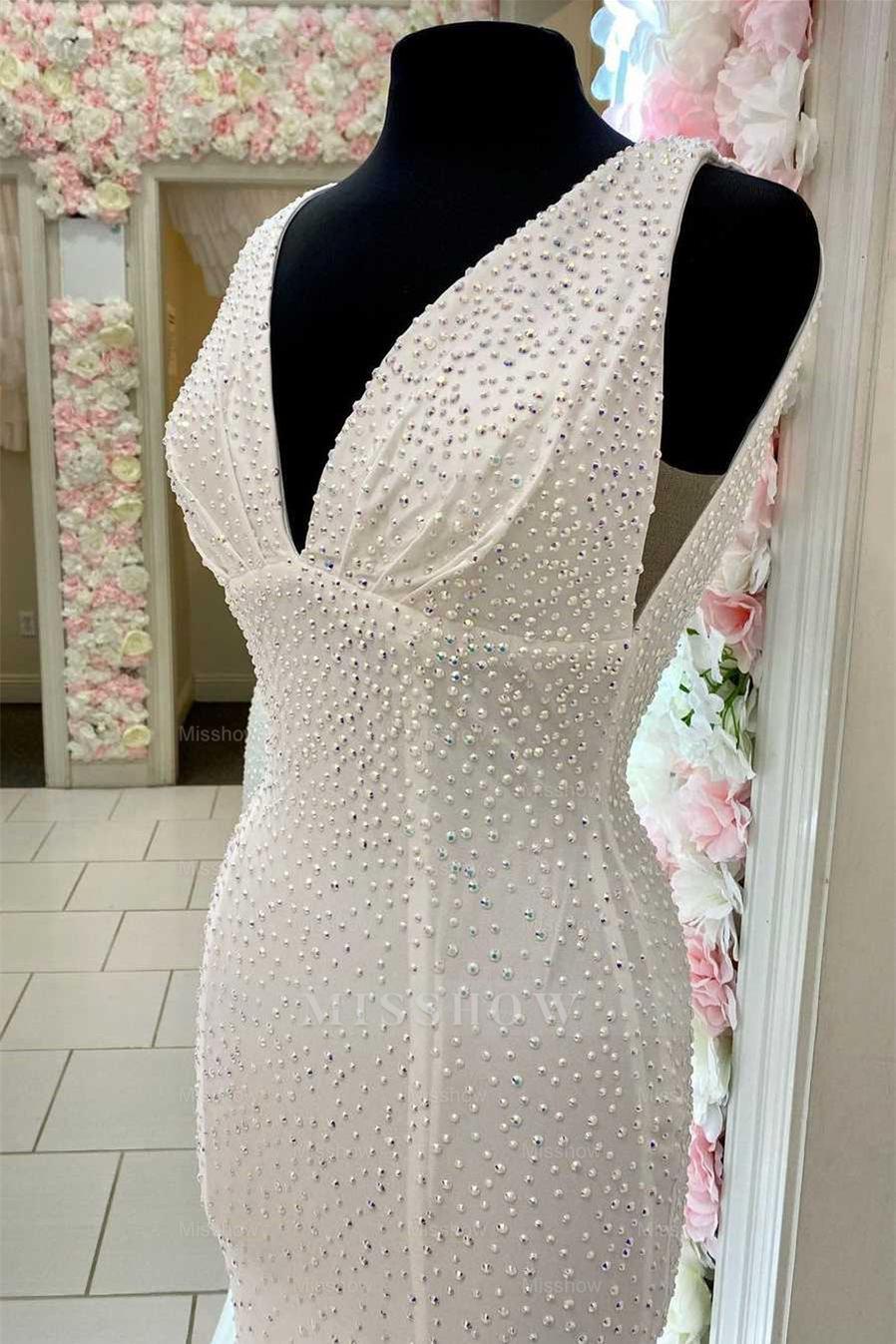 Simple Deep V-Neck Sleeveless Backless Long Mermaid Formal Dress with Appliques