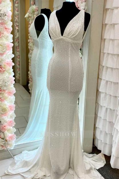 Simple Deep V-Neck Sleeveless Backless Long Mermaid Formal Dress with Appliques