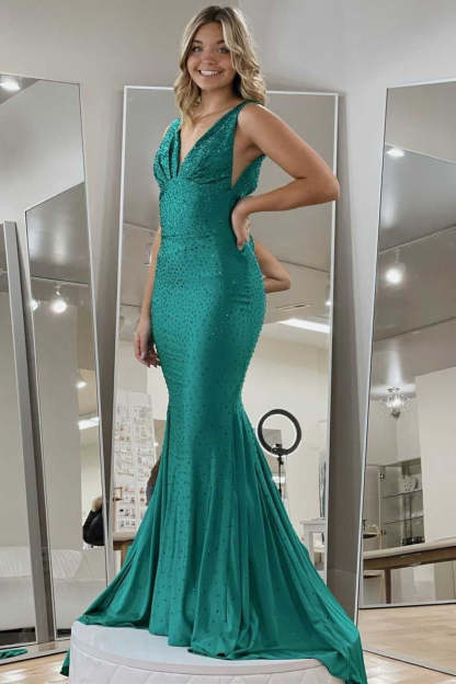Simple Deep V-Neck Sleeveless Backless Long Mermaid Formal Dress with Appliques