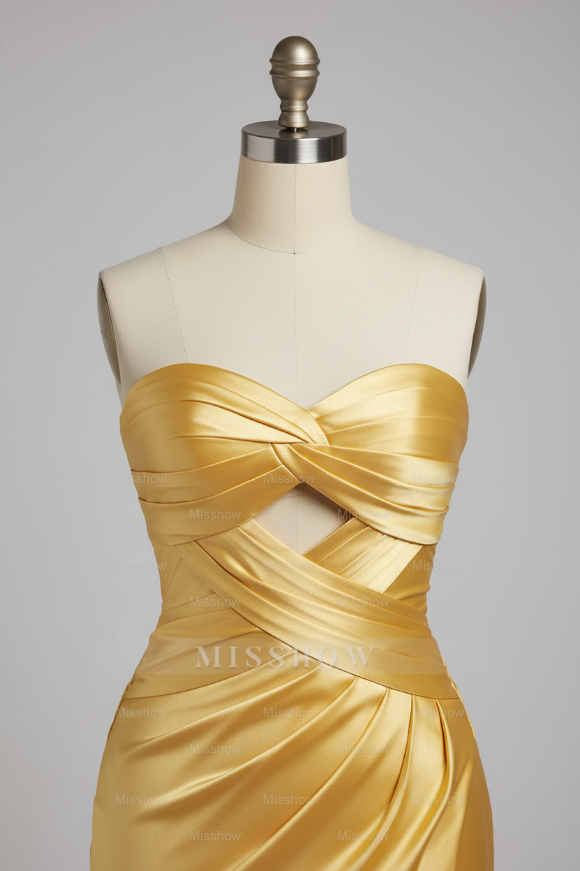 Simple Golden Yellow Satin Prom Dress with Cutout Bodice and High Slit