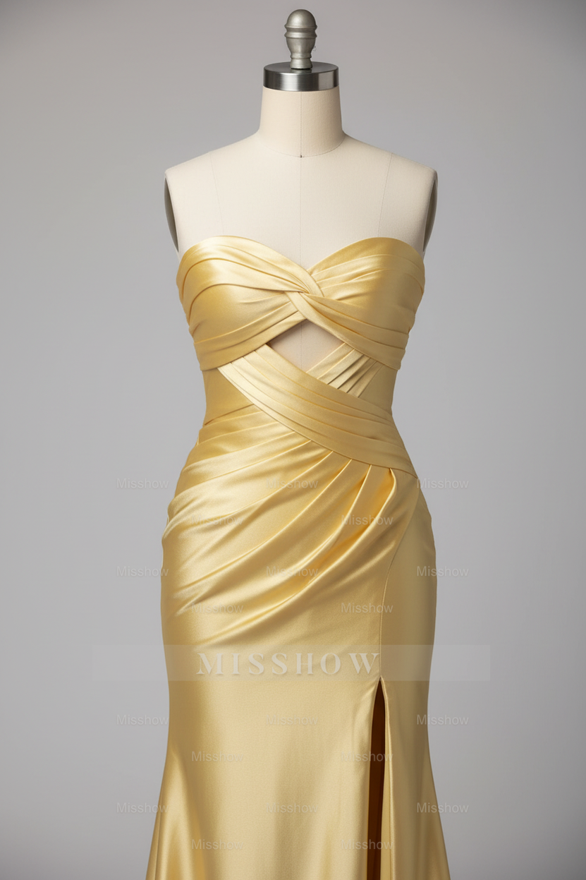 Simple Golden Yellow Satin Prom Dress with Cutout Bodice and High Slit