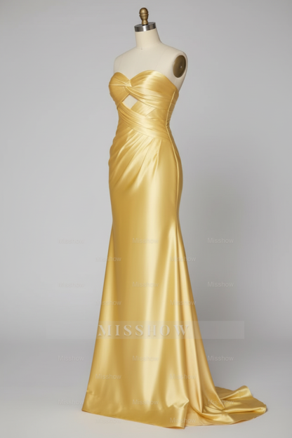 Simple Golden Yellow Satin Prom Dress with Cutout Bodice and High Slit
