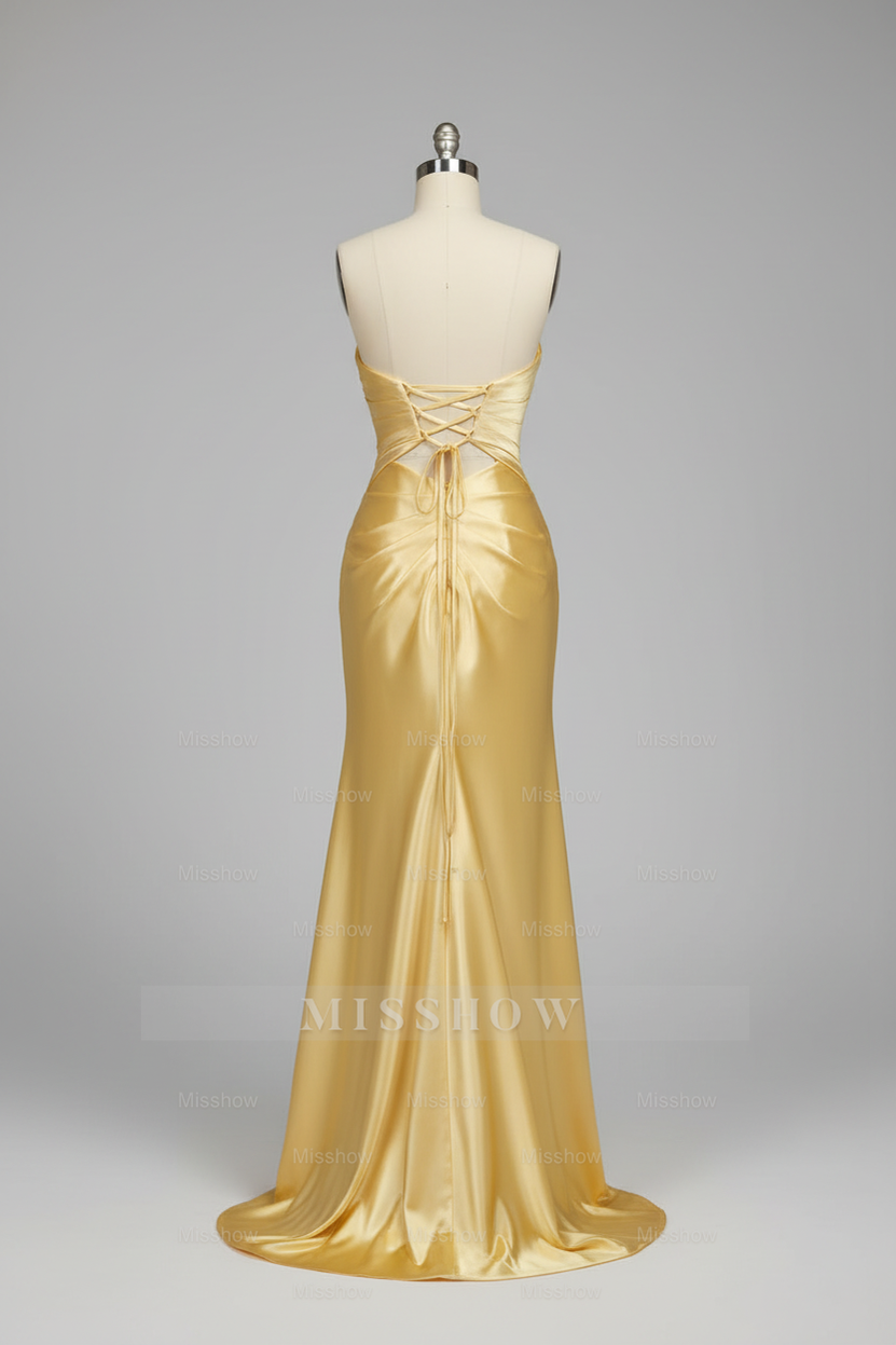 Simple Golden Yellow Satin Prom Dress with Cutout Bodice and High Slit