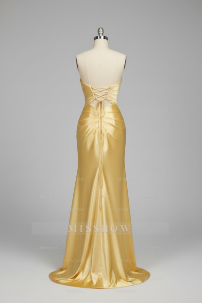 Simple Golden Yellow Satin Prom Dress with Cutout Bodice and High Slit