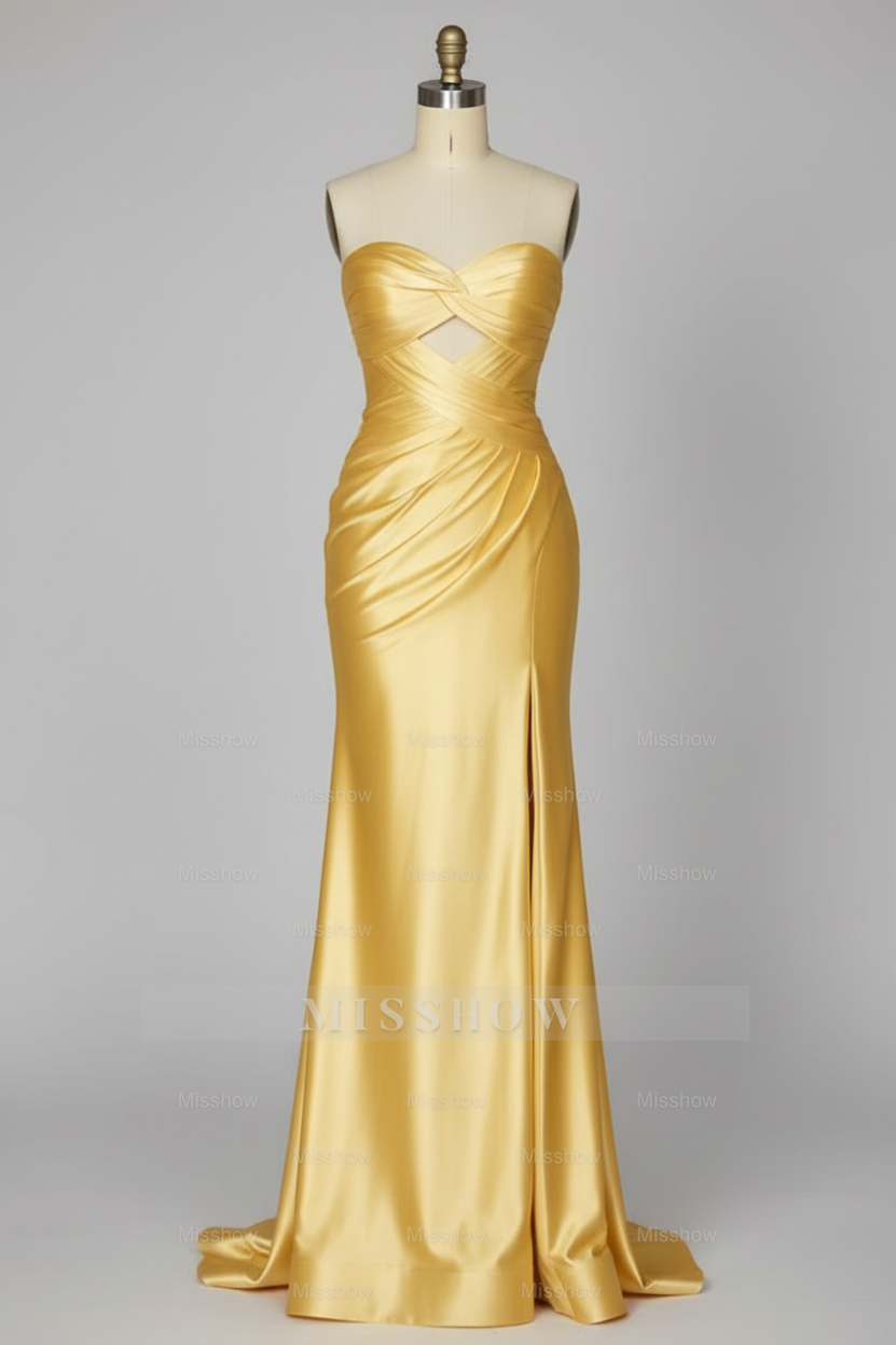 Simple Golden Yellow Satin Prom Dress with Cutout Bodice and High Slit