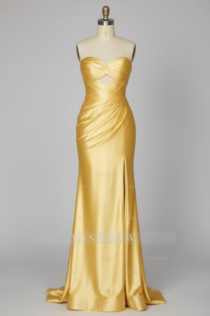 Simple Golden Yellow Satin Prom Dress with Cutout Bodice and High Slit