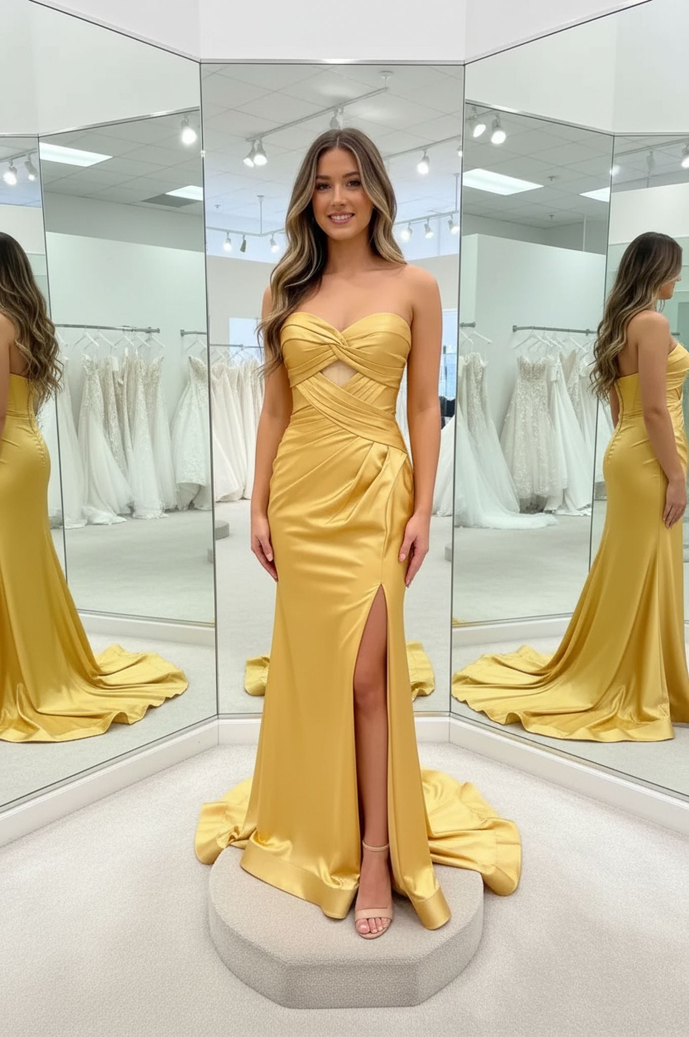 Simple Golden Yellow Satin Prom Dress with Cutout Bodice and High Slit