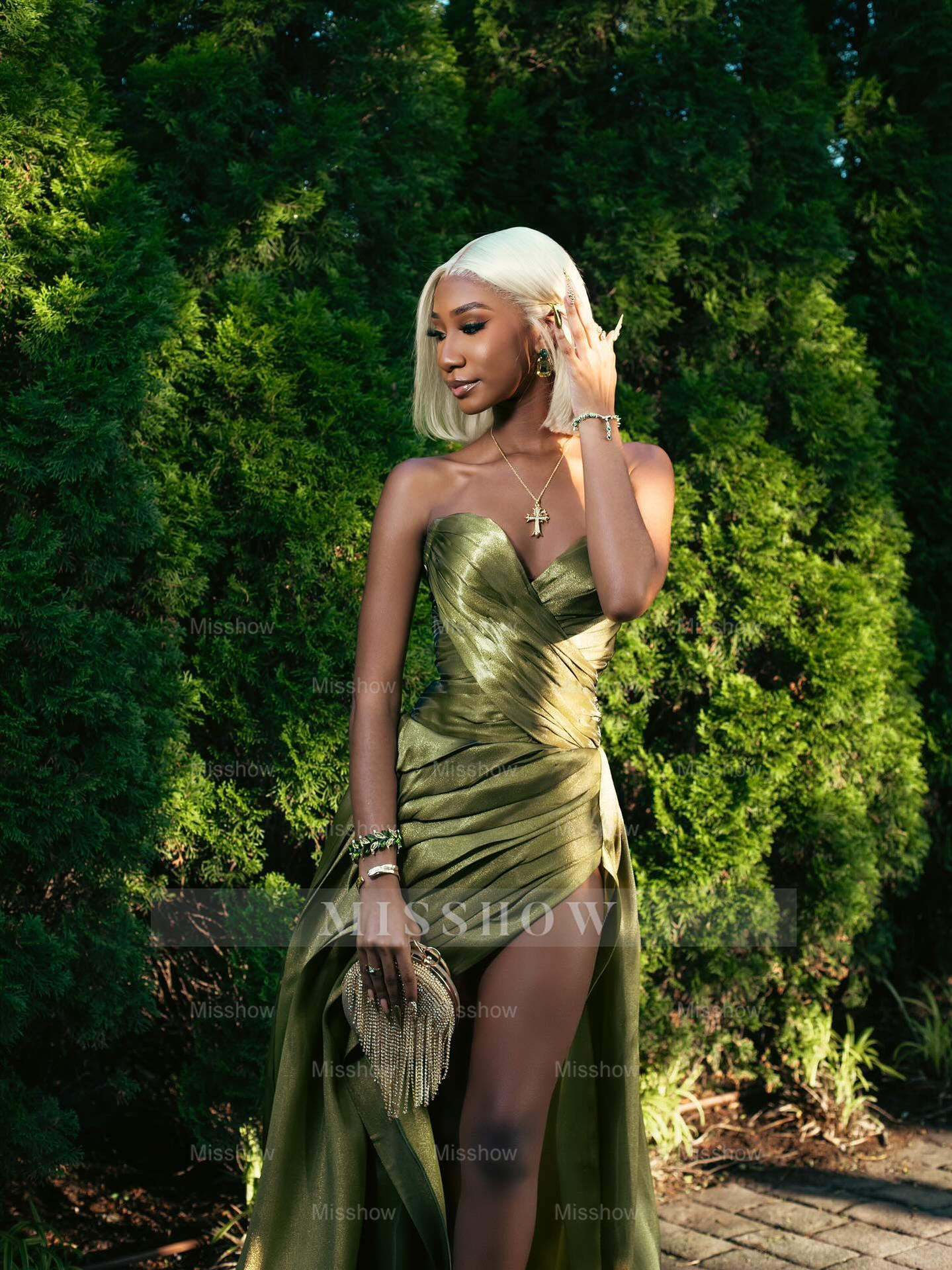 Simple Green Sweetheart Sleeveless A-Line Prom Dress with Slit and Ruffles