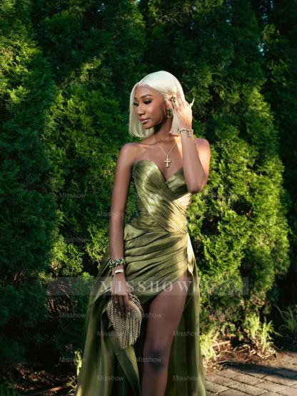 Simple Green Sweetheart Sleeveless A-Line Prom Dress with Slit and Ruffles