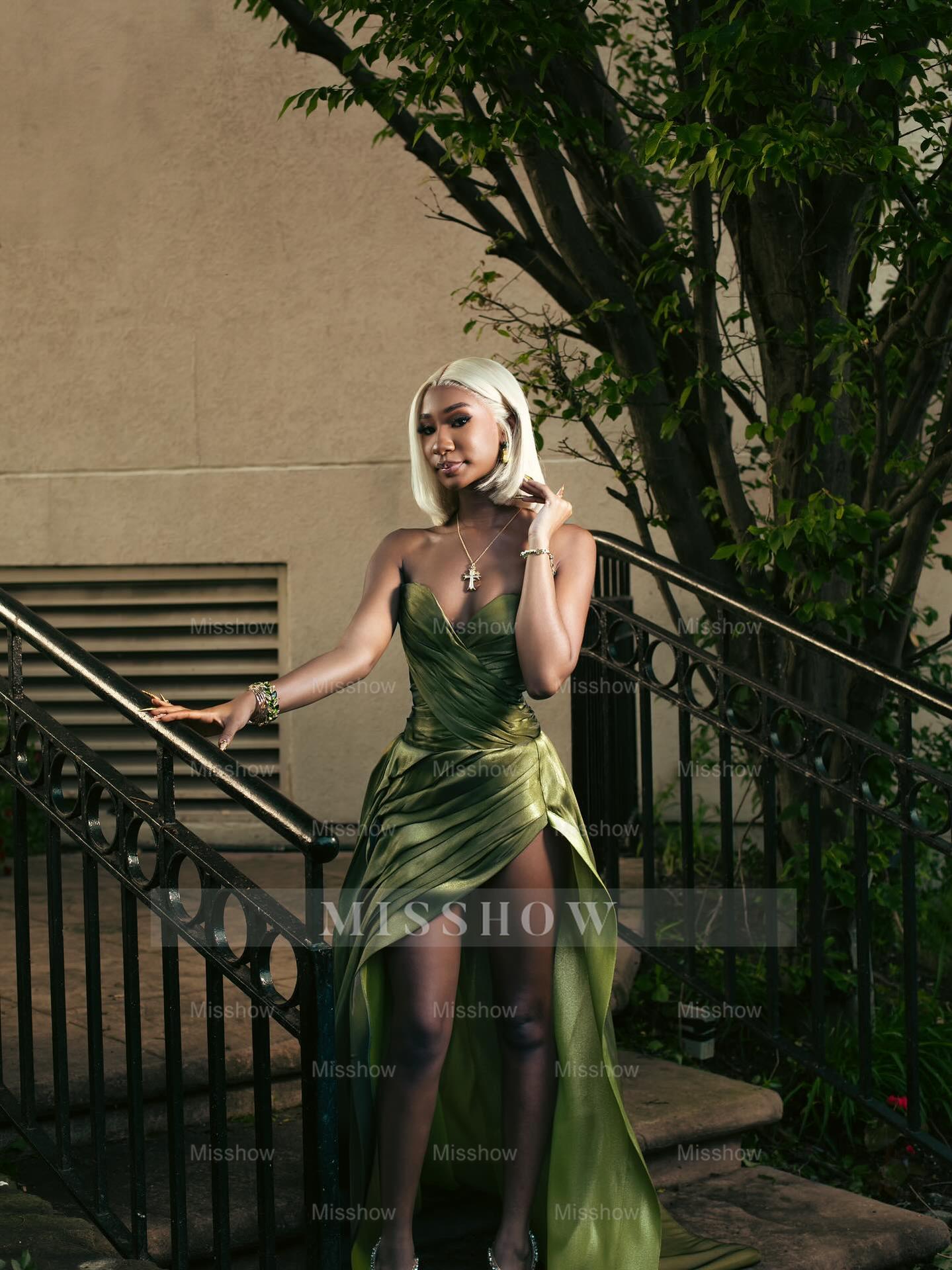 Simple Green Sweetheart Sleeveless A-Line Prom Dress with Slit and Ruffles