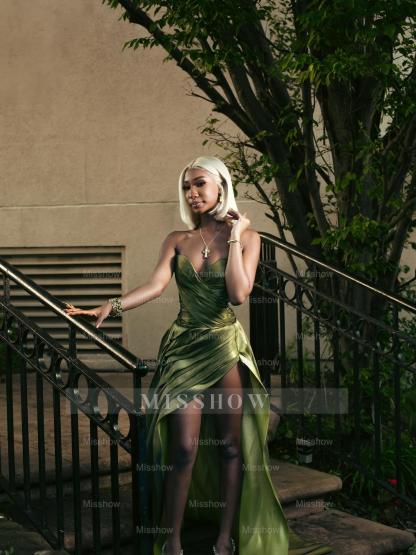 Simple Green Sweetheart Sleeveless A-Line Prom Dress with Slit and Ruffles