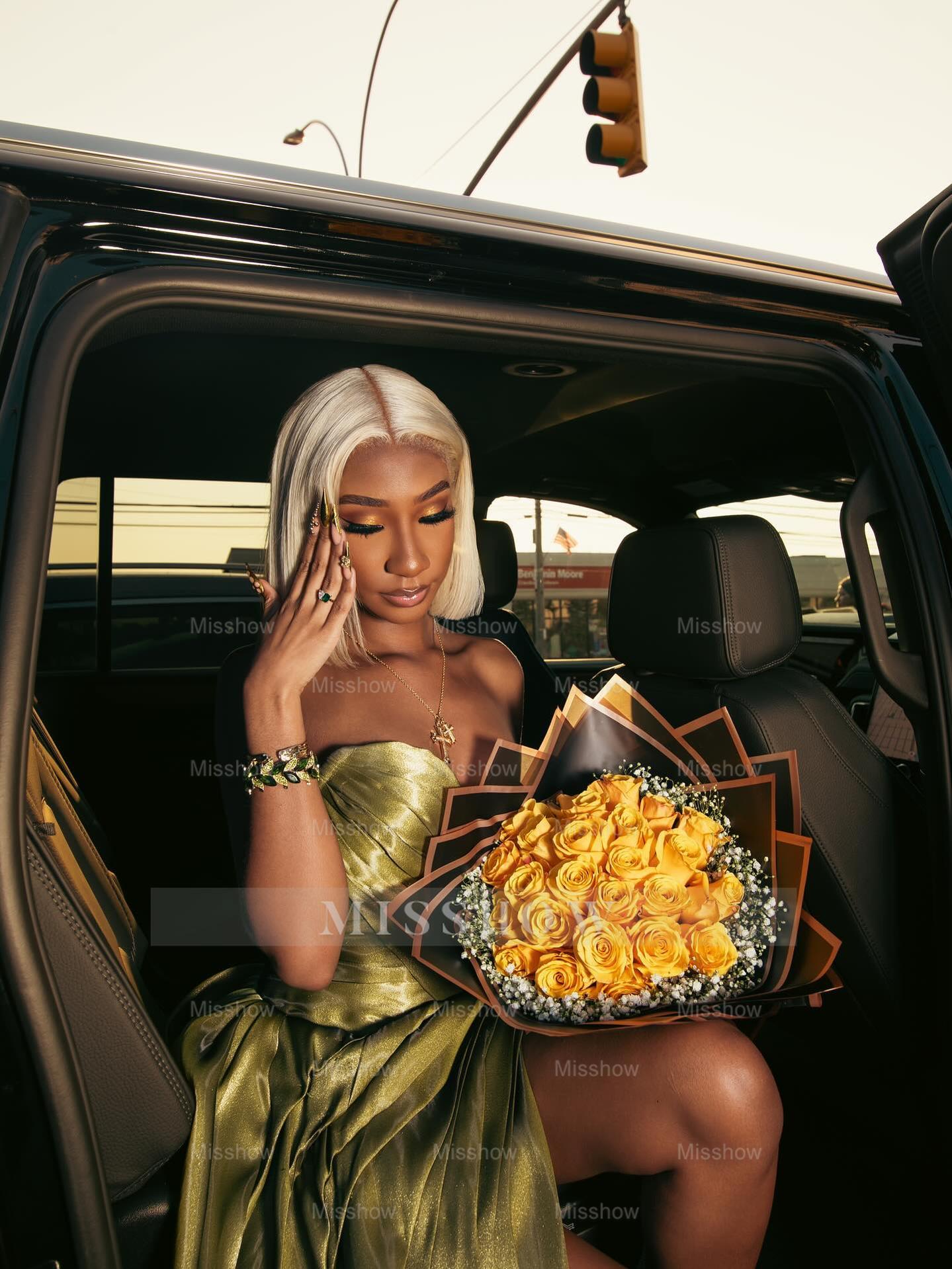 Simple Green Sweetheart Sleeveless A-Line Prom Dress with Slit and Ruffles