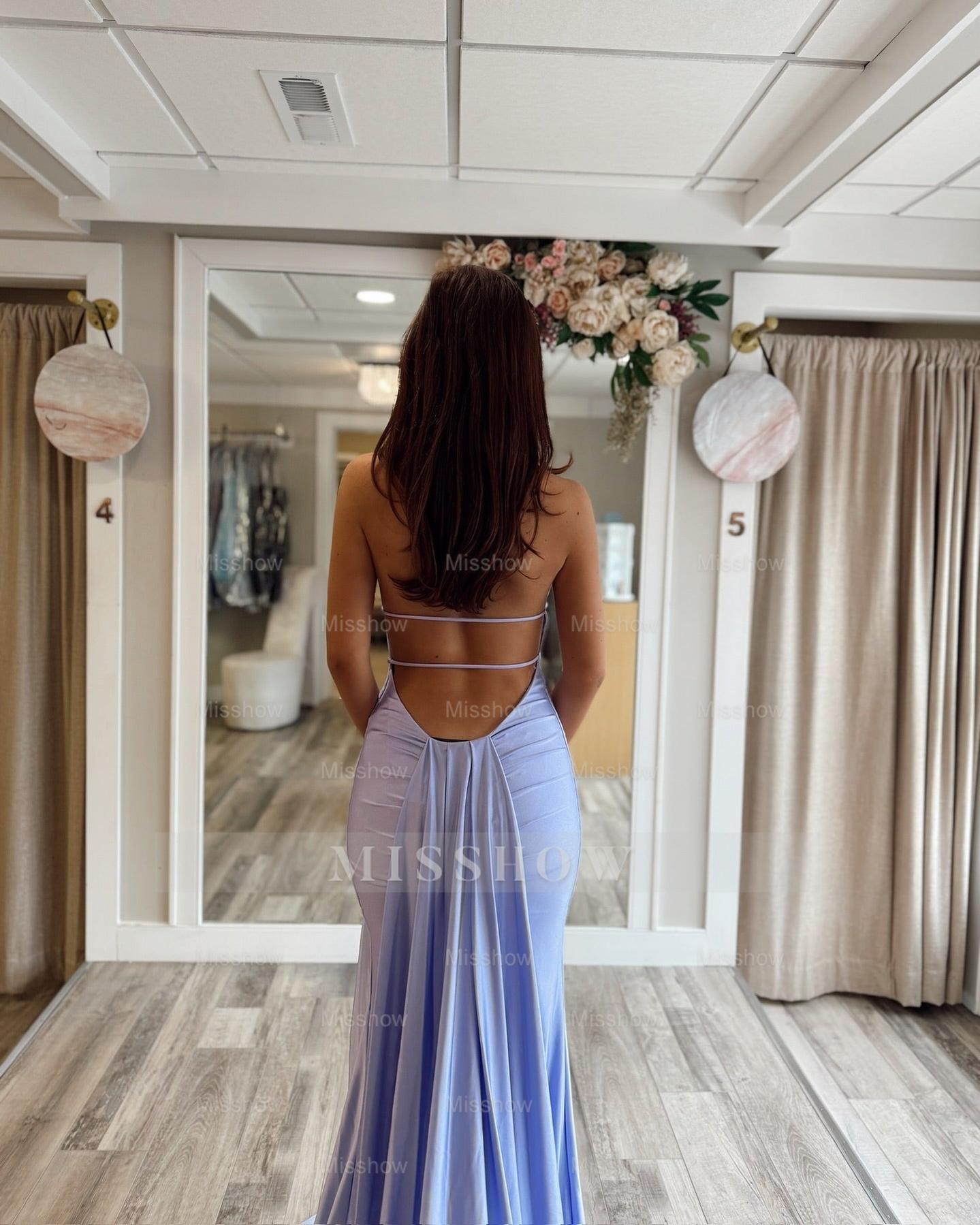 Simple Lilac Halter Sleeveless Backless Column Prom Dress with Slit and Panel Train