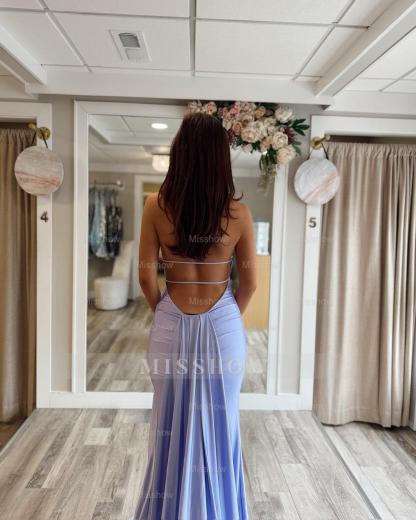 Simple Lilac Halter Sleeveless Backless Column Prom Dress with Slit and Panel Train