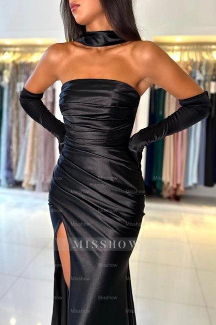 Simple Long Black Mermaid Strapless Satin Prom Evening Dresses with Slit