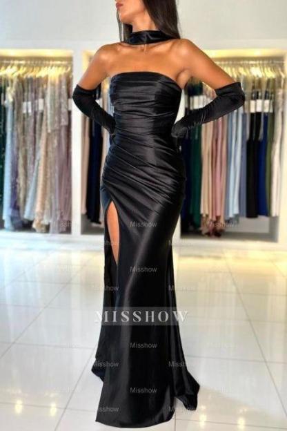 Simple Long Black Mermaid Strapless Satin Prom Evening Dresses with Slit