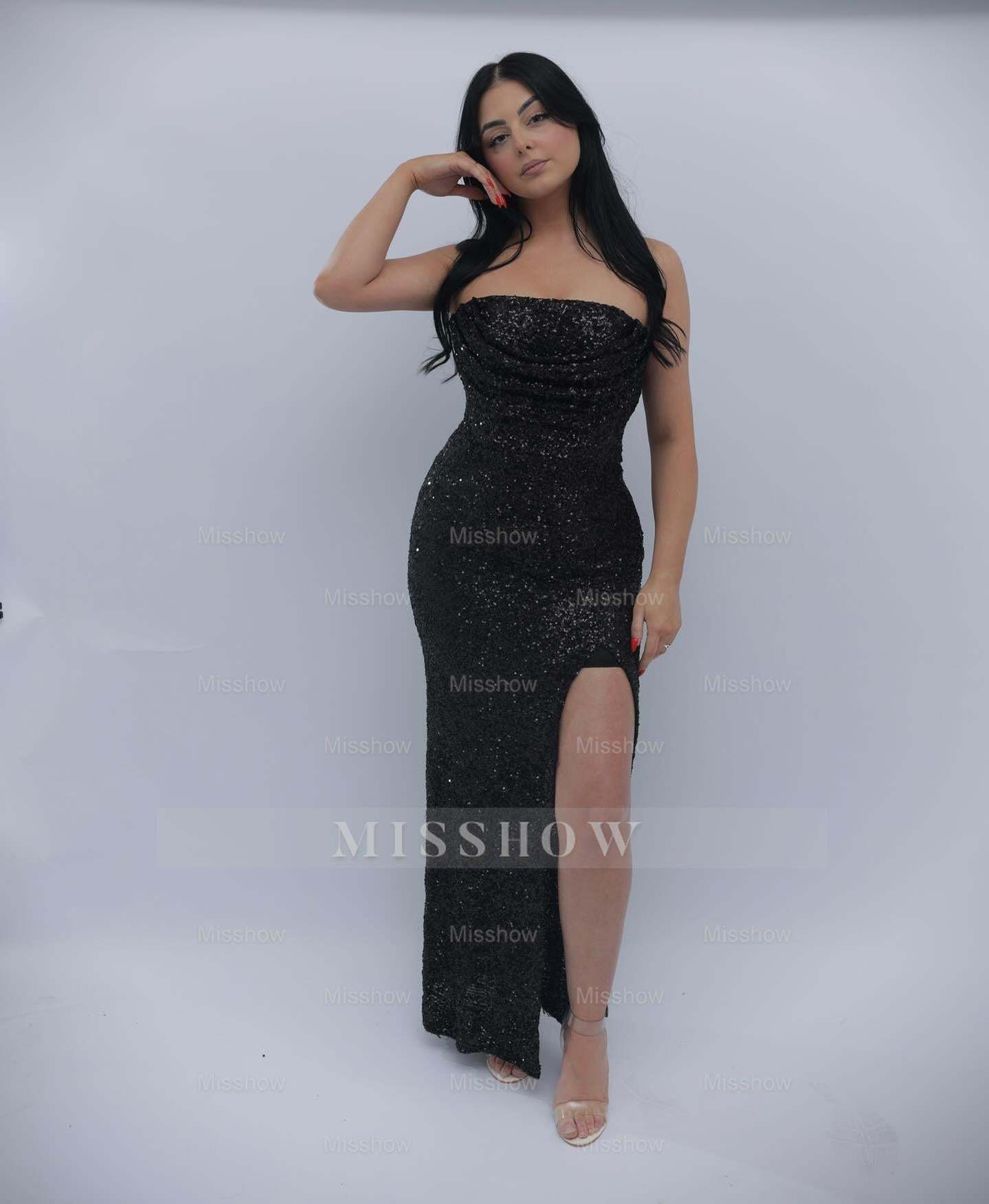 Simple Long Black Mermaid Strapless Sleeveless Formal Dress with Slit and Sequins