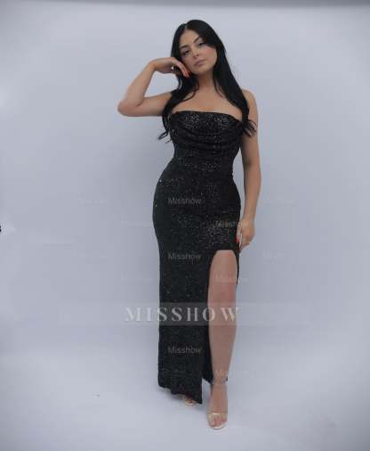 Simple Long Black Mermaid Strapless Sleeveless Formal Dress with Slit and Sequins