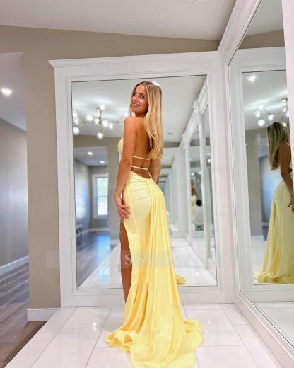 Simple Long Daffodil Halter Sleeveless Mermaid Prom Dress with Slit