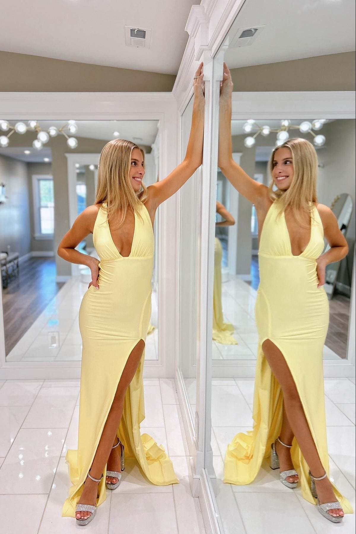 Simple Long Daffodil Halter Sleeveless Mermaid Prom Dress with Slit