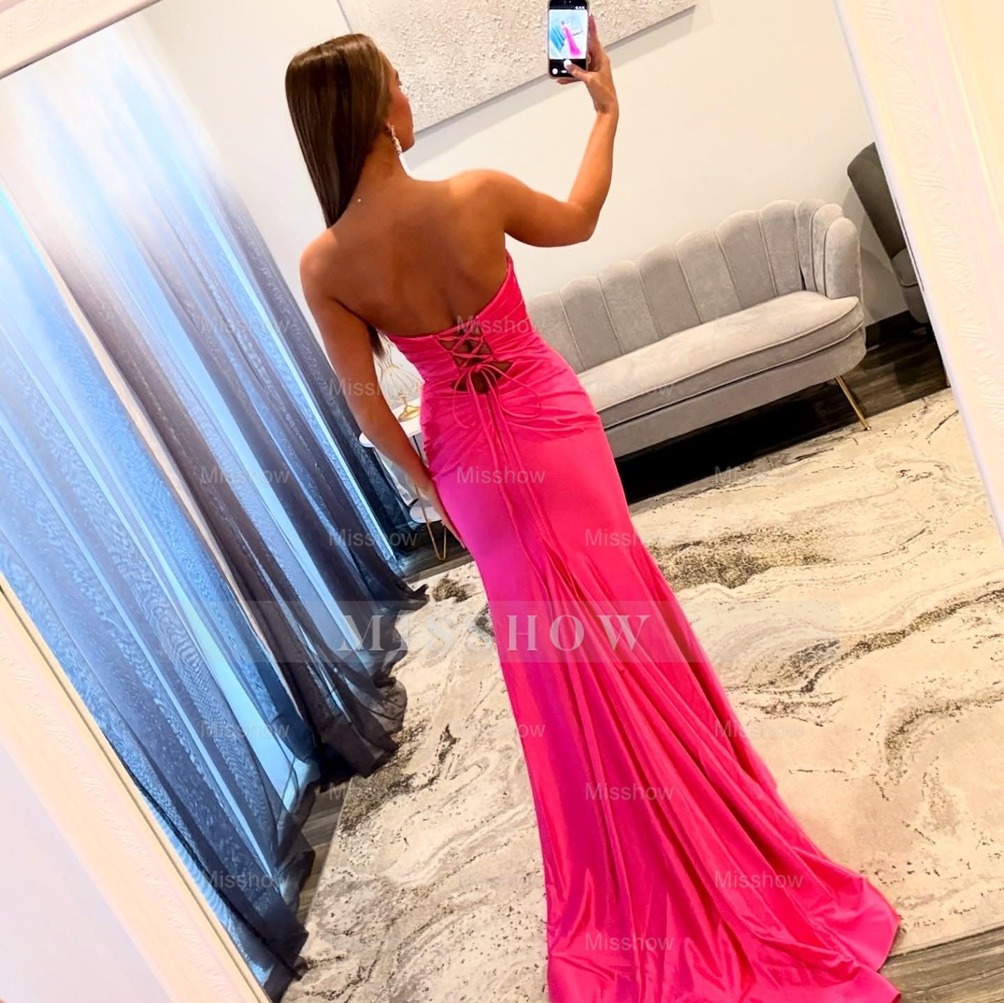 Simple Long Fuchsia Mermaid Strapless Prom Dress with Slit