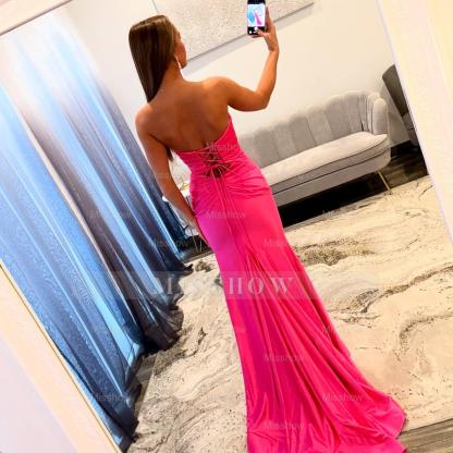 Simple Long Fuchsia Mermaid Strapless Prom Dress with Slit