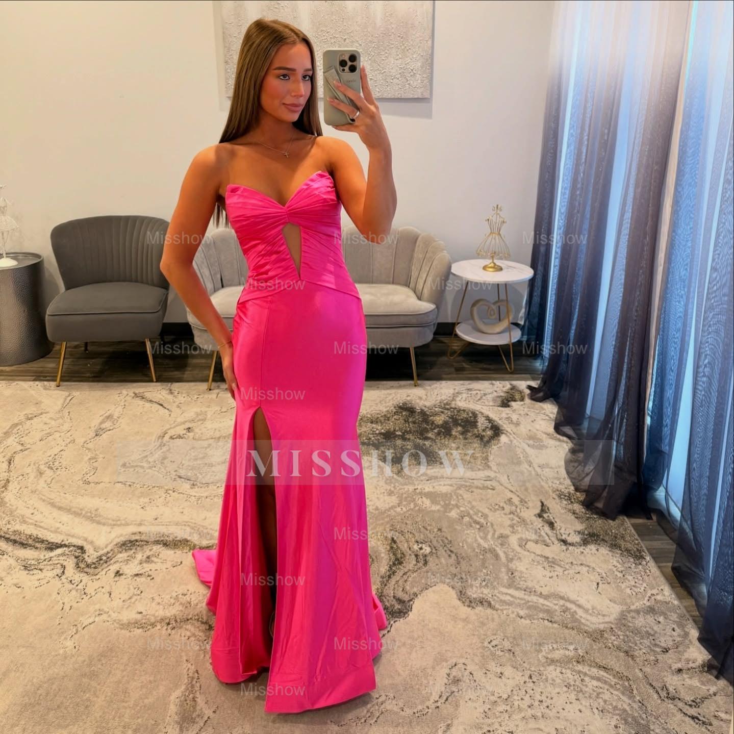 Simple Long Fuchsia Mermaid Strapless Prom Dress with Slit