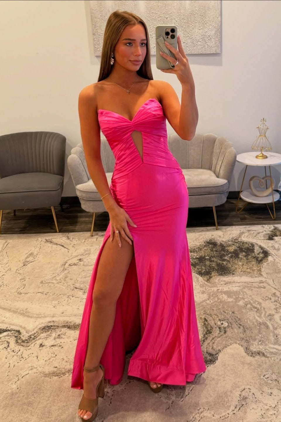 Simple Long Fuchsia Mermaid Strapless Prom Dress with Slit