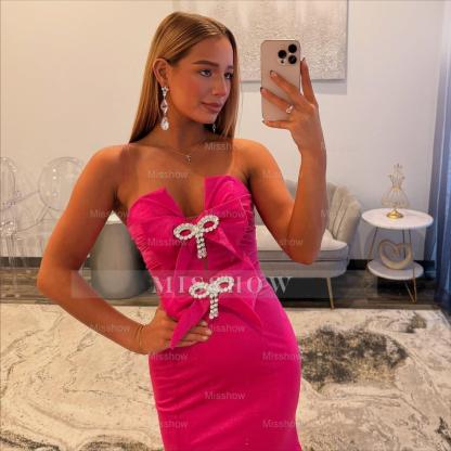 Simple Long Fuchsia Mermaid Strapless Satin Prom Dress with Bows