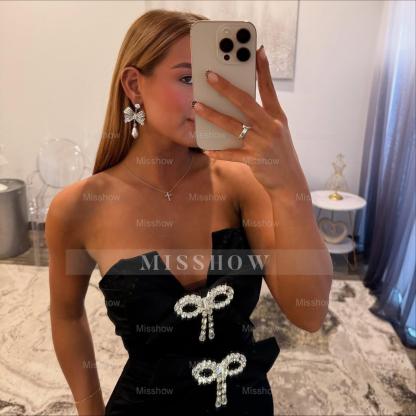 Simple Long Fuchsia Mermaid Strapless Satin Prom Dress with Bows