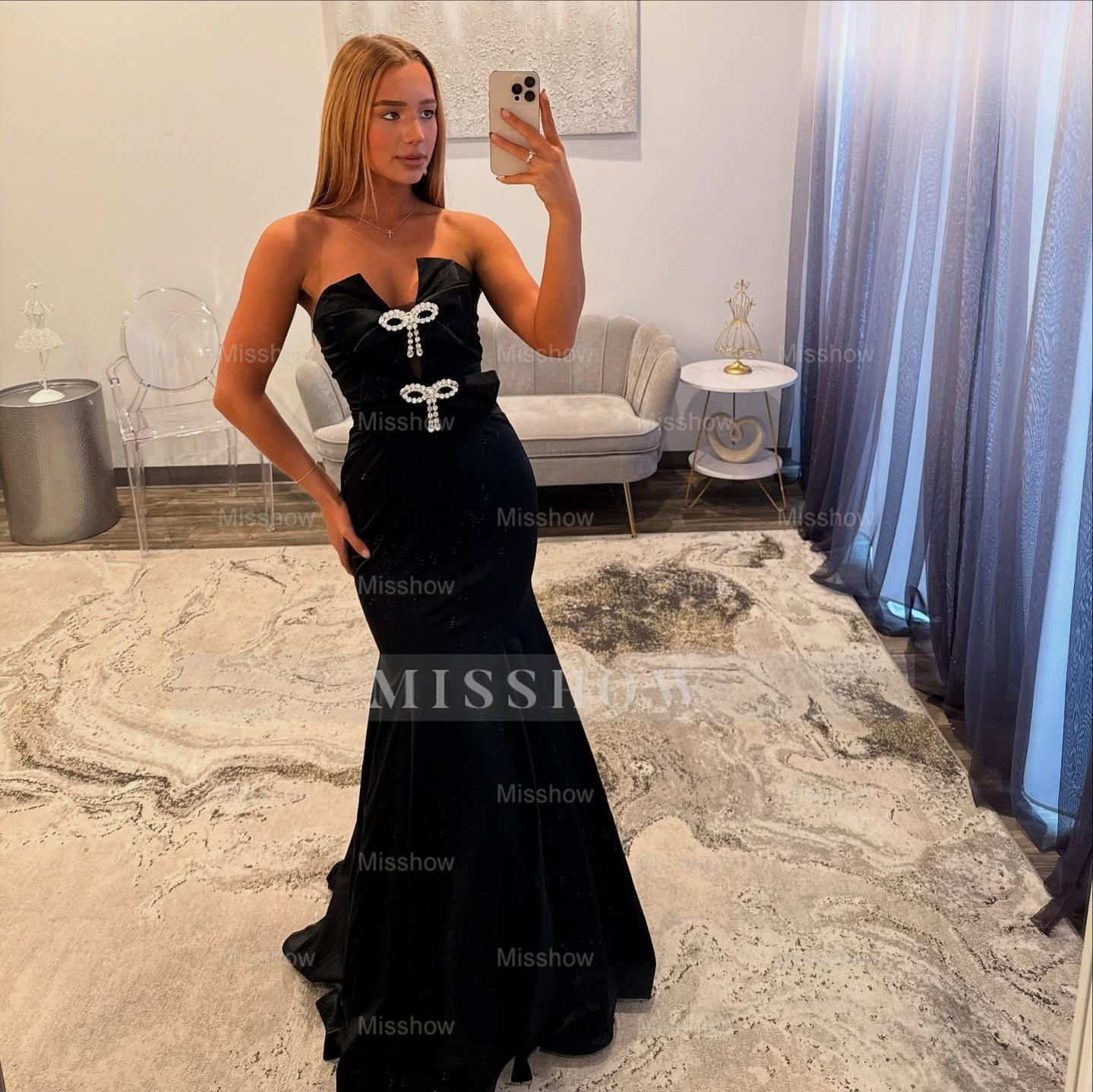 Simple Long Fuchsia Mermaid Strapless Satin Prom Dress with Bows