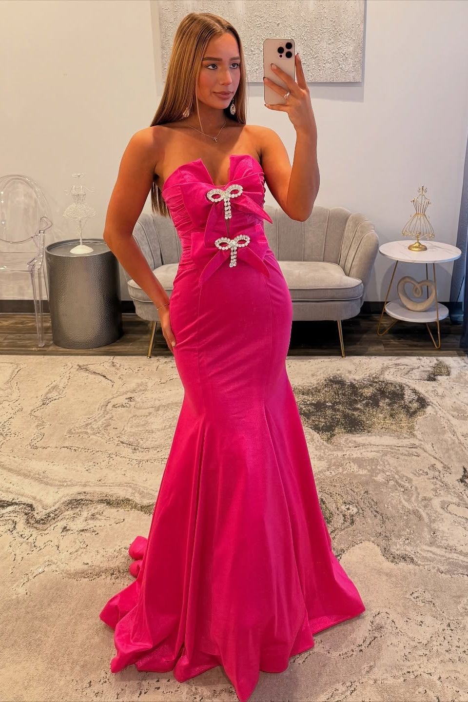 Simple Long Fuchsia Mermaid Strapless Satin Prom Dress with Bows