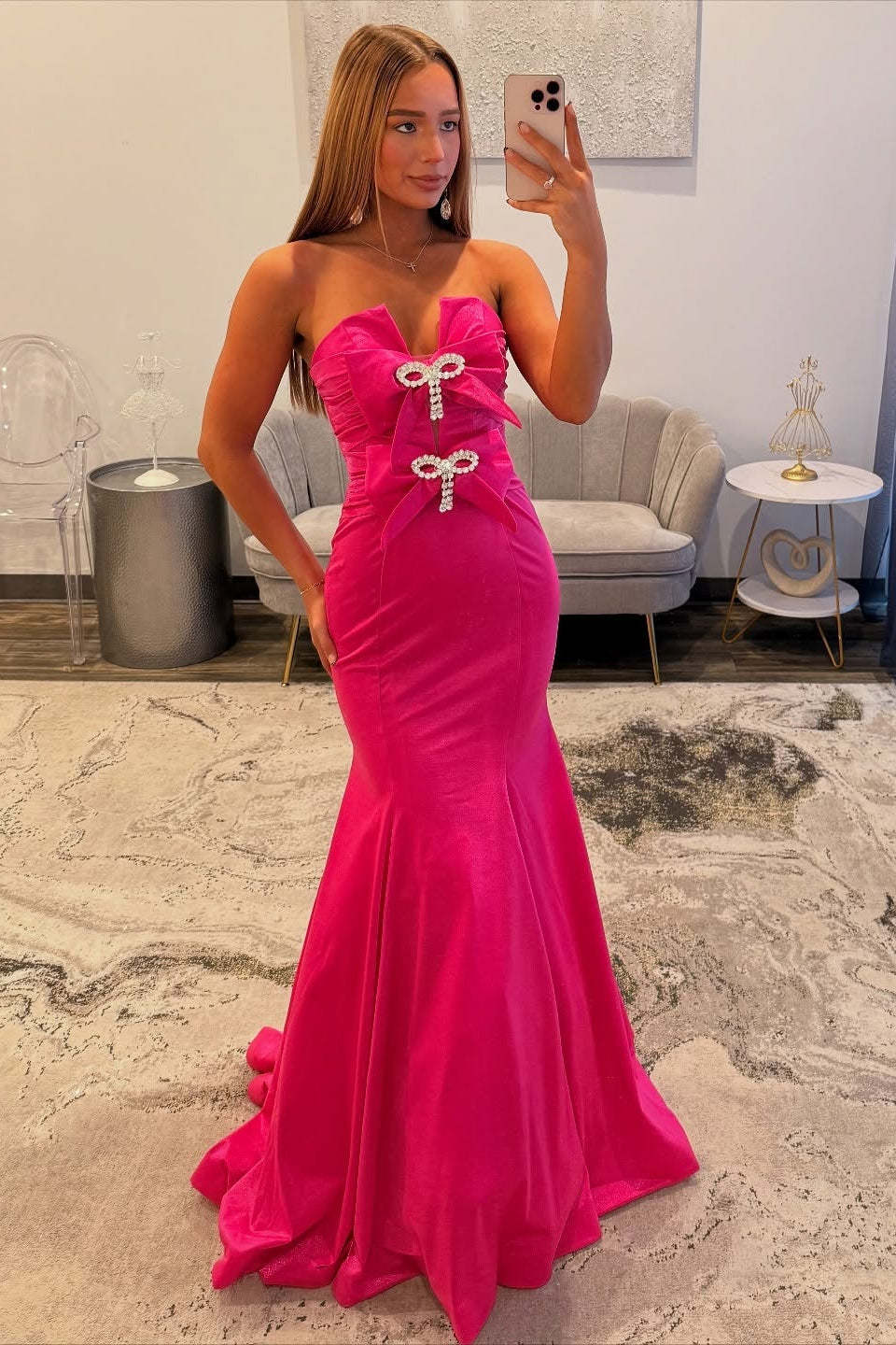 Simple Long Fuchsia Mermaid Strapless Satin Prom Dress with Bows