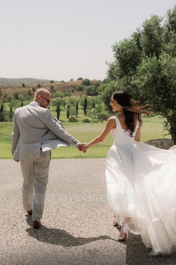 Simple Long Ivory A-line Straps Tulle Sleeveless Wedding Dress with Slit