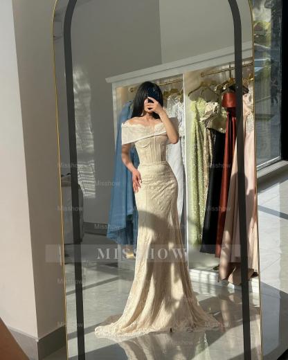 Simple Long Ivory Mermaid Off-The-Shoulder Sleeveless Formal Dress with Appliques