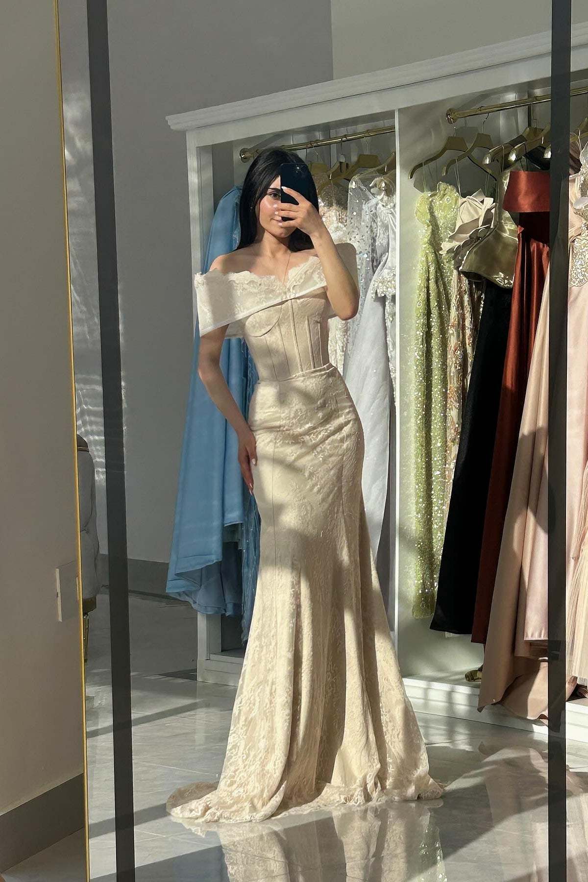 Simple Long Ivory Mermaid Off-The-Shoulder Sleeveless Formal Dress with Appliques