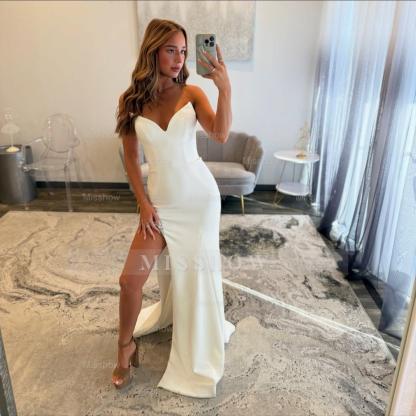 Simple Long Ivory Mermaid V-neck Strapless Prom Dress with Slit